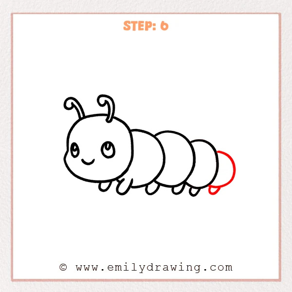 how to draw a cartoon caterpillar - The cartoon caterpillar gains an extra small tail segment at the back and a final tiny U-shaped foot underneath, extending the segmented body.